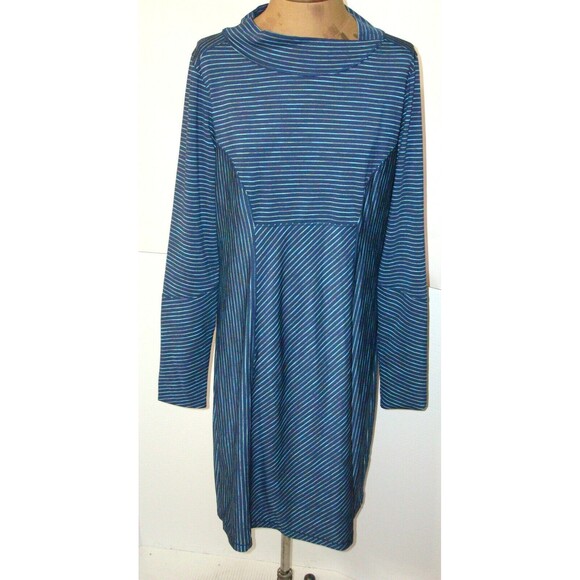 New Womens NWT PrAna Striped Dress Blend L Dark Blue Long Sleeve Light Sheath - Picture 4 of 6